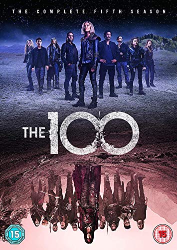 "The 100 season 5 DVD cover featuring actors in dark attire standing outdoors."
