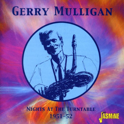 Gerry Mulligan CD cover with man holding saxophone, colorful abstract background, and text.