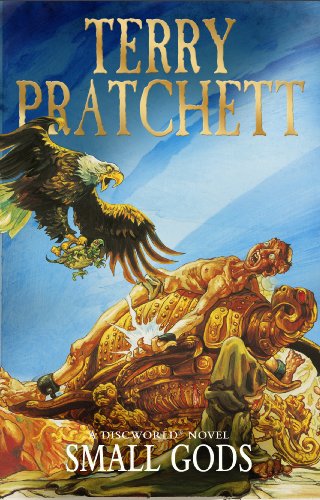 "Book cover of 'Small Gods' by Terry Pratchett, featuring an eagle and ornate statue."