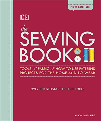 Red book cover with white text, "The Sewing Book", and sewing-themed graphics.