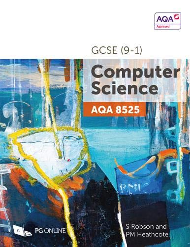 "Textbook cover with abstract blue and orange design, titled 'GCSE Computer Science AQA 8525'."