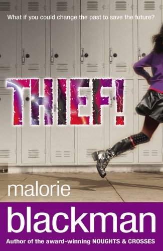 Book cover: girl running past lockers, title "Thief!" in bold, marbled font, author's name below.