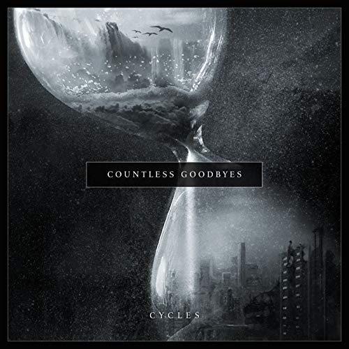 "Album cover featuring an hourglass with landscape and cityscape inside, dark background."