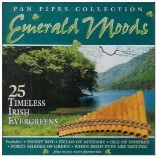 "CD cover with serene lake scene, pan pipes, and 'Emerald Moods' title in green."