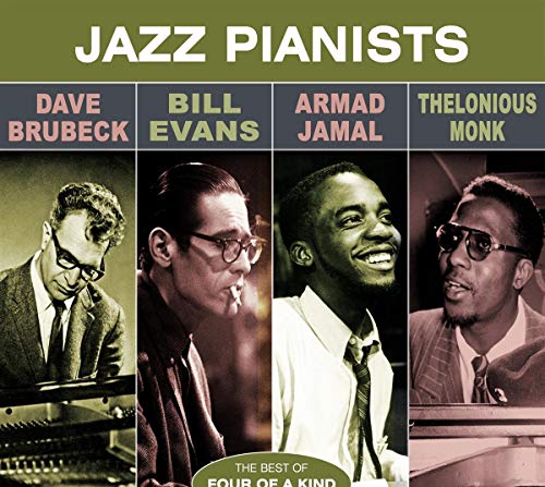 "CD cover with four jazz pianists' portraits and green title banner."