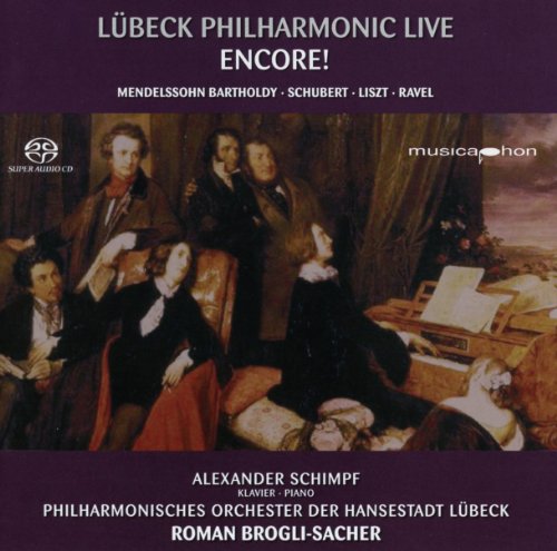 "CD cover with 19th-century painting of men around a pianist, purple background."