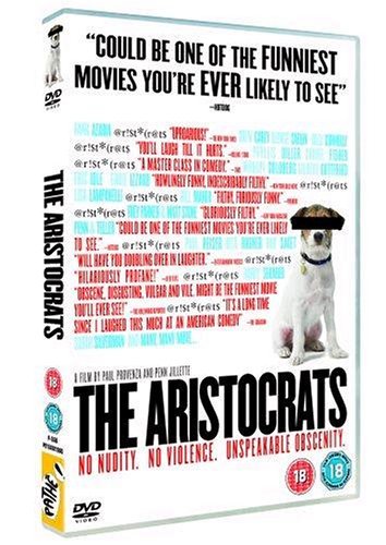 DVD case for "The Aristocrats" with a dog wearing a hat on the cover.