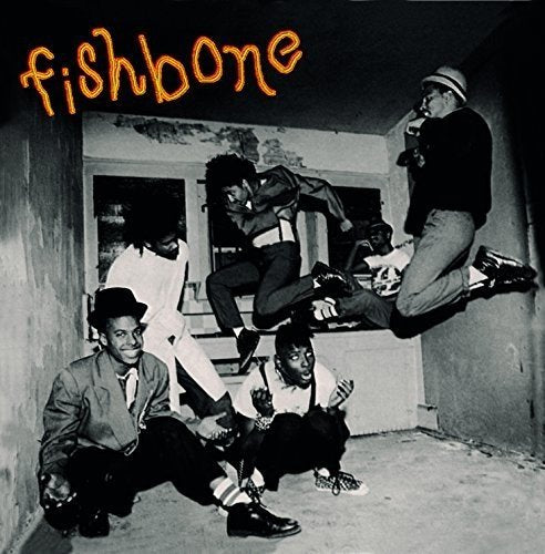 "Album cover with black-and-white photo of five men in various poses, 'fishbone' in orange text."