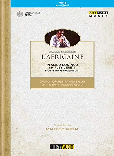 "Blu-ray cover for 'L'Africaine' opera, featuring a man praying in an oval frame."
