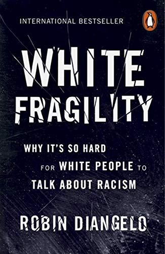 "Book cover of 'White Fragility' by Robin DiAngelo, with cracked title on dark background."