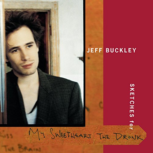 Jeff Buckley's album cover with a photo of him and handwritten title on a red background.