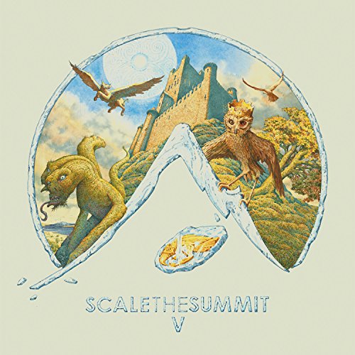 "Album cover art featuring fantastical creatures and mountains within a broken circle shape."