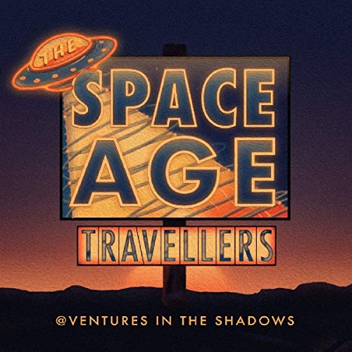 Compact disc with a silver and black cover, titled "Space Age Travellers - Adventures In The Shadows".