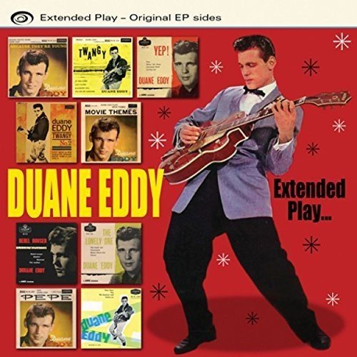 Duane Eddy album cover featuring a man playing guitar on a red background.