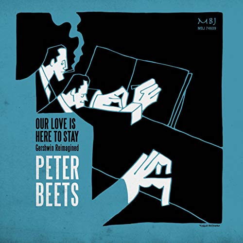 Blue album cover with black square, white text, and stylized illustration of two men.