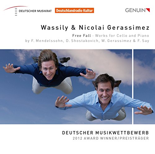 "CD cover with two men falling against a blue sky background."