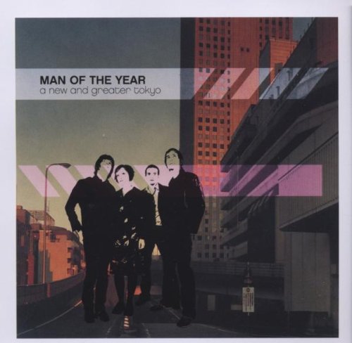 "Album cover with four men standing on a city street, Tokyo buildings in the background."