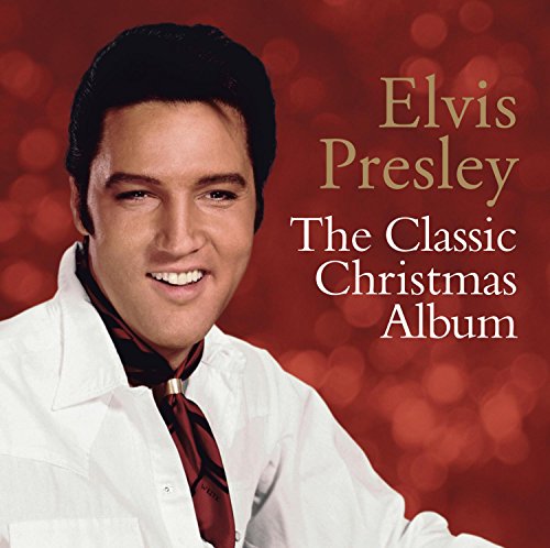 "Elvis Presley's Christmas album cover featuring a smiling Elvis against a red bokeh background."