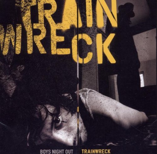 "CD cover with 'Trainwreck' in yellow, dark background, and silhouetted figures and a woman."