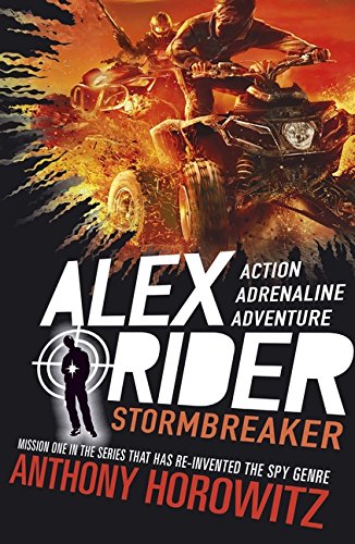 "Book cover of 'Stormbreaker' by Anthony Horowitz, showing a man riding an ATV."