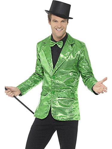 Man wearing a shiny green sequin jacket, black hat, and holding a cane.