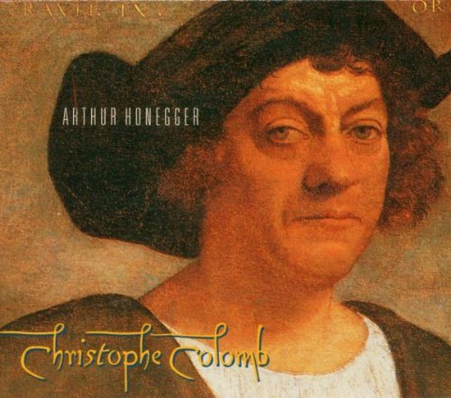 "CD cover featuring a portrait of Christopher Columbus with overlaid text."