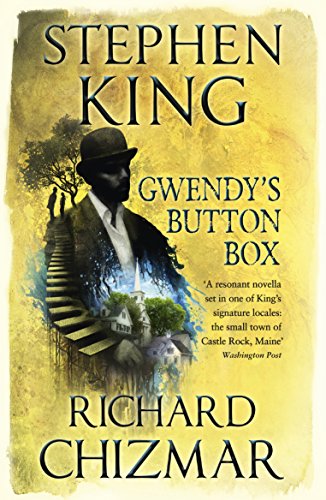 "Book cover with yellow background, man in suit, and title 'Gwendy's Button Box'."