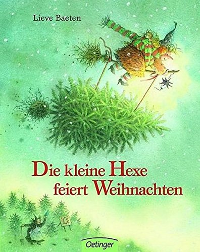 The image depicts a whimsical illustration of a witch flying on a broomstick, surrounded by festive elements. Here is a concise description of the image in 15 words or less: "Colorful illustration of a witch flying on a broomstick with a Christmas tree."