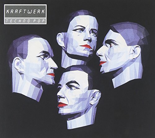 "Kraftwerk's Techno Pop album cover featuring four geometric male faces against a black background."