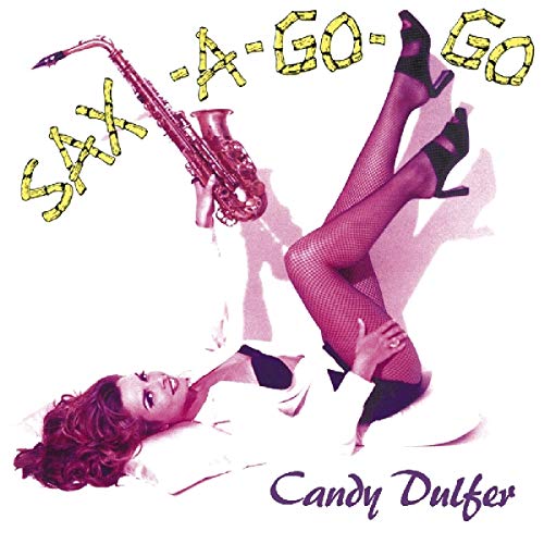 Album cover with a woman lying on her back holding a saxophone, white background.
