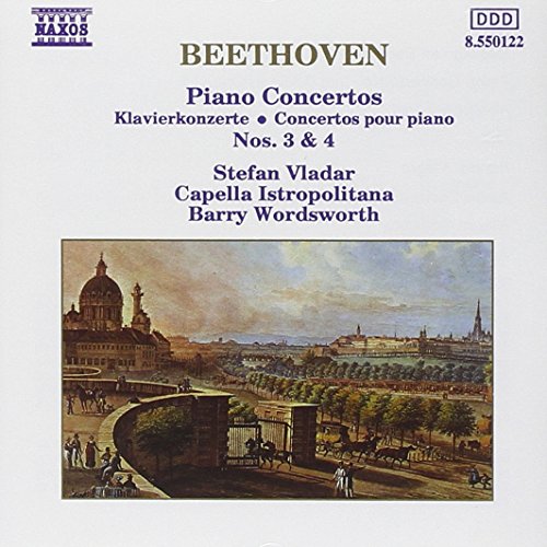 "CD cover with Beethoven's Piano Concertos Nos. 3 and 4, featuring a cityscape image."