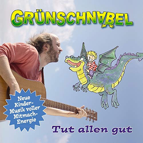 "Man playing guitar with cartoon dragon and child in the sky, album cover."