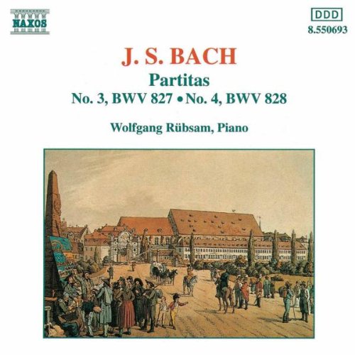 "CD cover with vintage town scene and J.S. Bach's name in red."