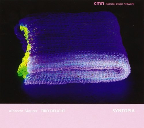"CD cover with abstract blue and green design on black background, pink banner at bottom."