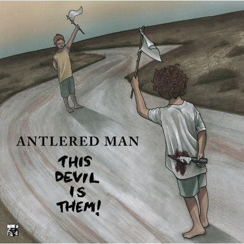 "Album cover art: two boys on a dirt path, holding flags and weapons."