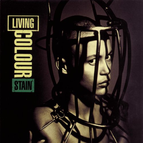 "Album cover with a person trapped in a metal cage, dark background, 'Living Colour Stain' text."