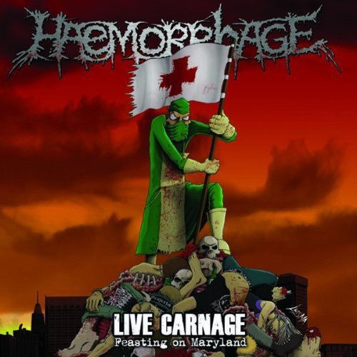 "Album cover art featuring a zombie holding a flag, standing on a pile of bodies."
