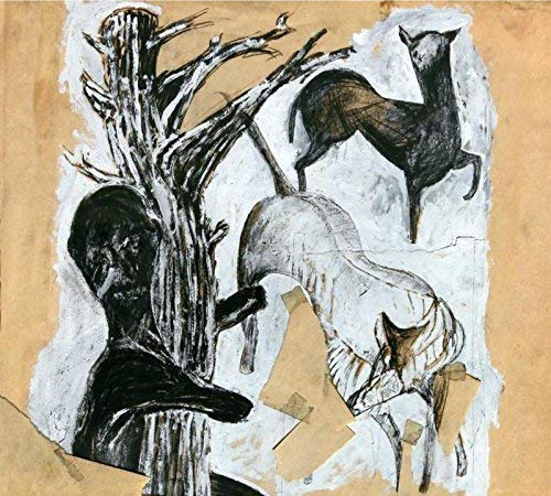 Mixed-media artwork featuring a person, tree, and two deer in black, white, and brown tones.
