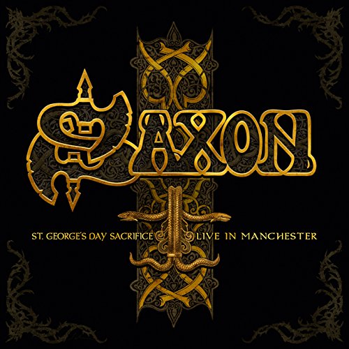 "Black album cover with gold 'Saxon' logo, sword, and dragon design."