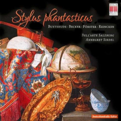 "CD cover with ornate objects and title 'Stylus phantasticus' in orange script on black background."