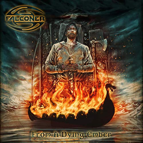 "Falconer album cover featuring a man in a fiery Viking boat."