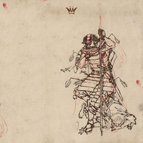 The image depicts a sketch of a warrior holding a spear, on aged paper.