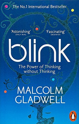 "Book cover of 'Blink' by Malcolm Gladwell, blue background with white swirls and colorful dots."