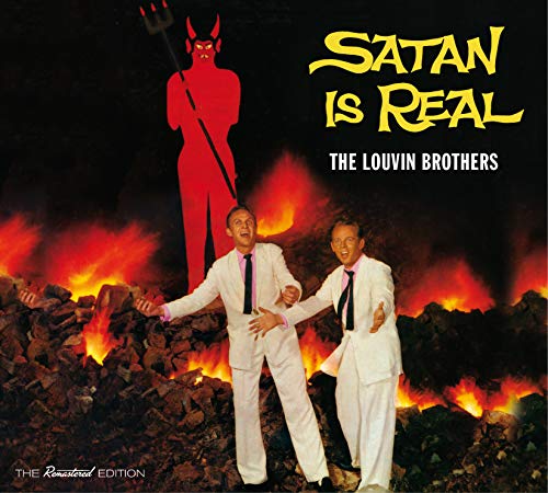 Album cover with two men in white suits and devil in fiery background.