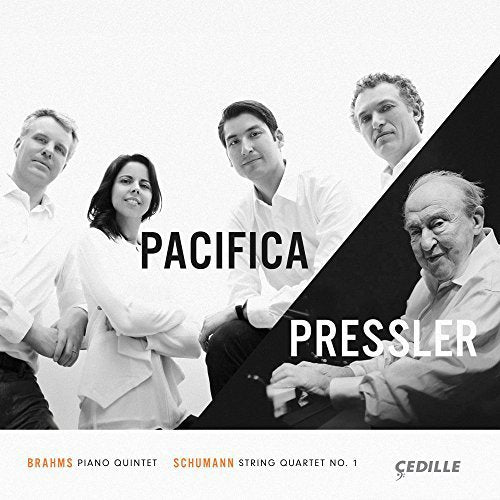 Black and white CD cover with five musicians and text "Pacifica" and "Pressler".