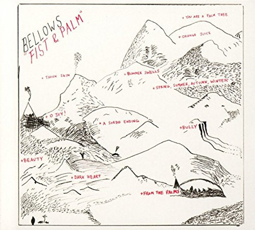 "Album cover art featuring a black and white mountain landscape with red text annotations."