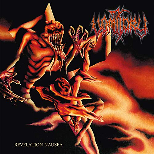 "Album cover art featuring a grotesque, red creature holding a nude figure."