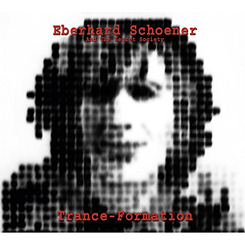 Pixelated black and white portrait with red text "Eberhard Schoener Trance-Formation" on white background.