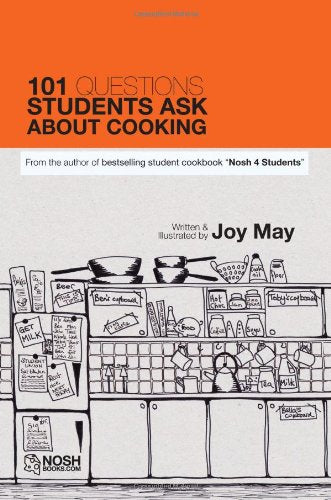 "Book cover with orange top, black text, and kitchen illustration below."