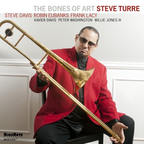 Man in red jacket holding trombone, album cover "The Bones of Art".